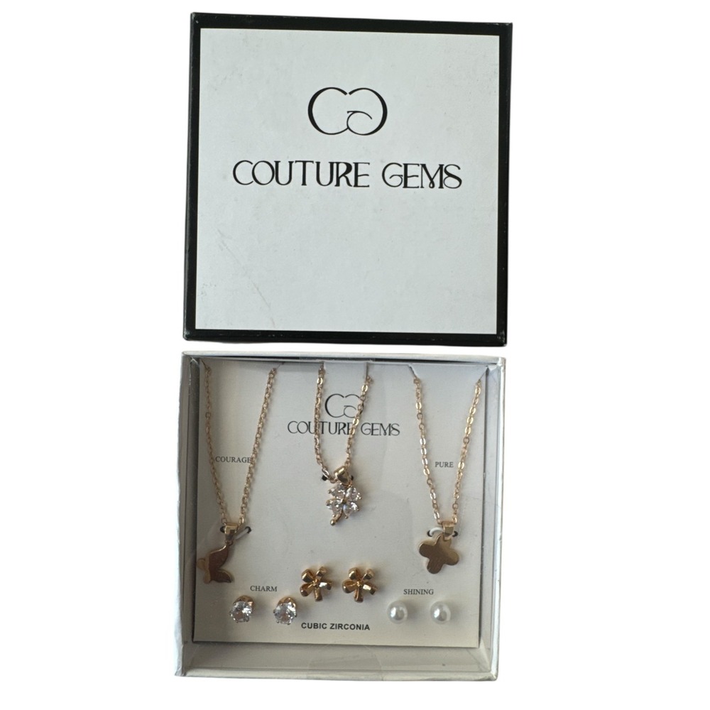 Couture Gems Gold Tone Cubic Zirconia Butterfly Clover Necklace‎ Earring Set